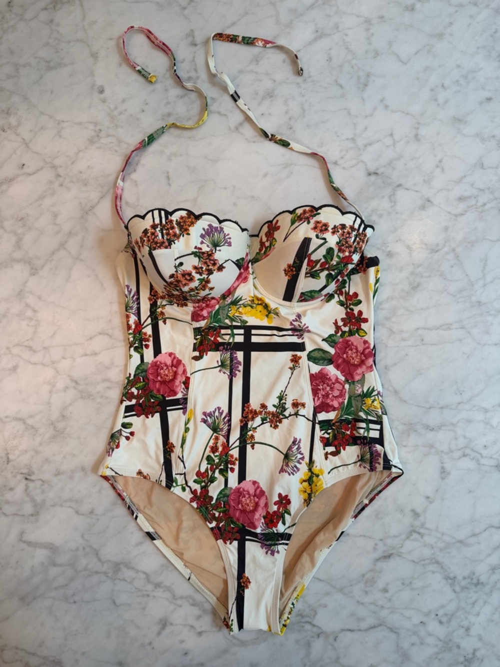 Anthropologie Cream Floral One-Piece Swimsuit with Pink & Yellow Flowers